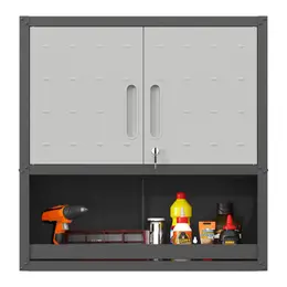 Product image of Metal Wall-Mounted Tool Storage Cabinet, Locking Door, 1 Shelf, 1 Open Drawer