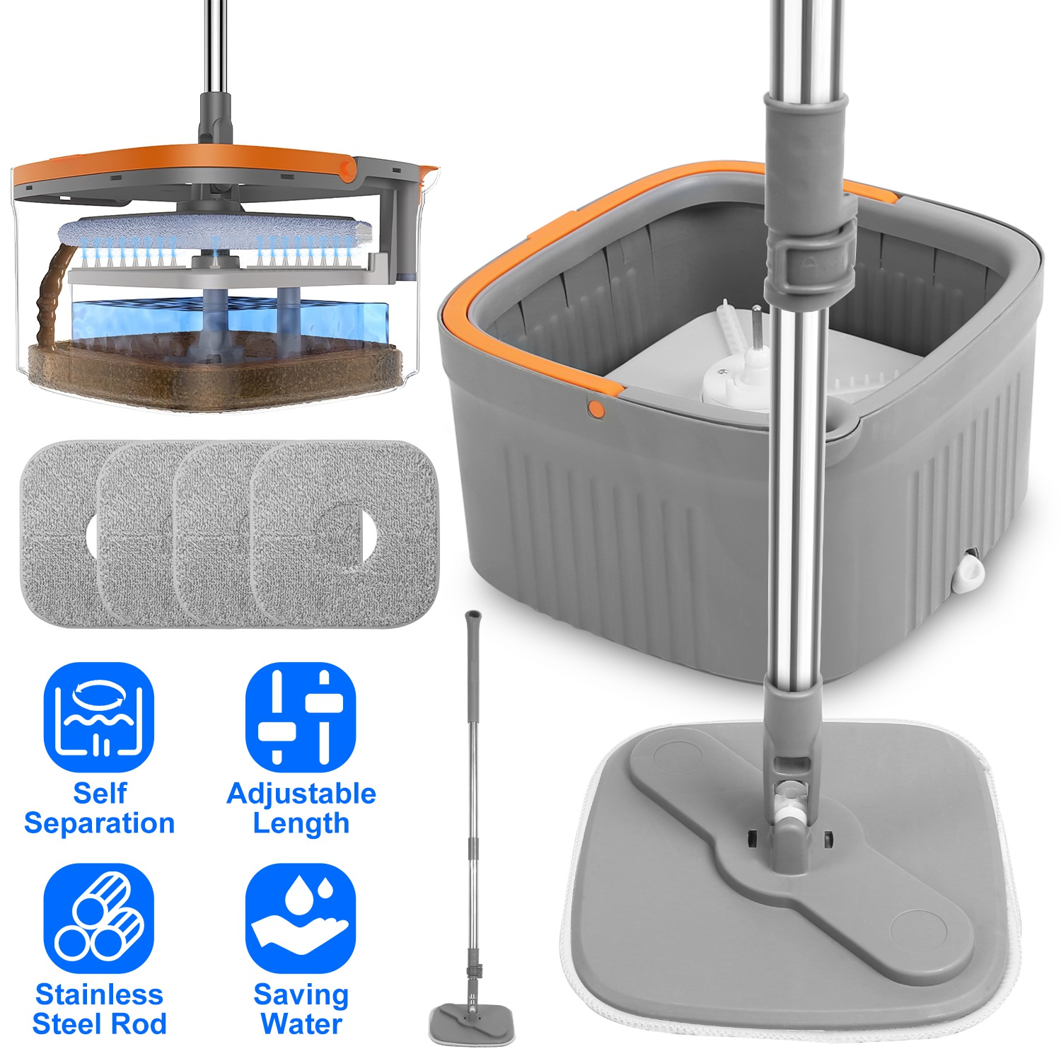 Main product image of Spin Mop System with Dual Compartment Bucket, 4 Microfiber Pads
