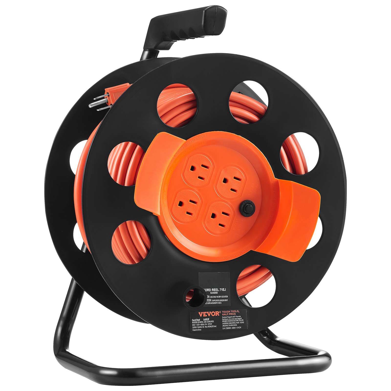 Main product image of Extension Cord Reel, 100FT, 4 Outlets, 14AWG SJTOW Cord, Circuit Breaker