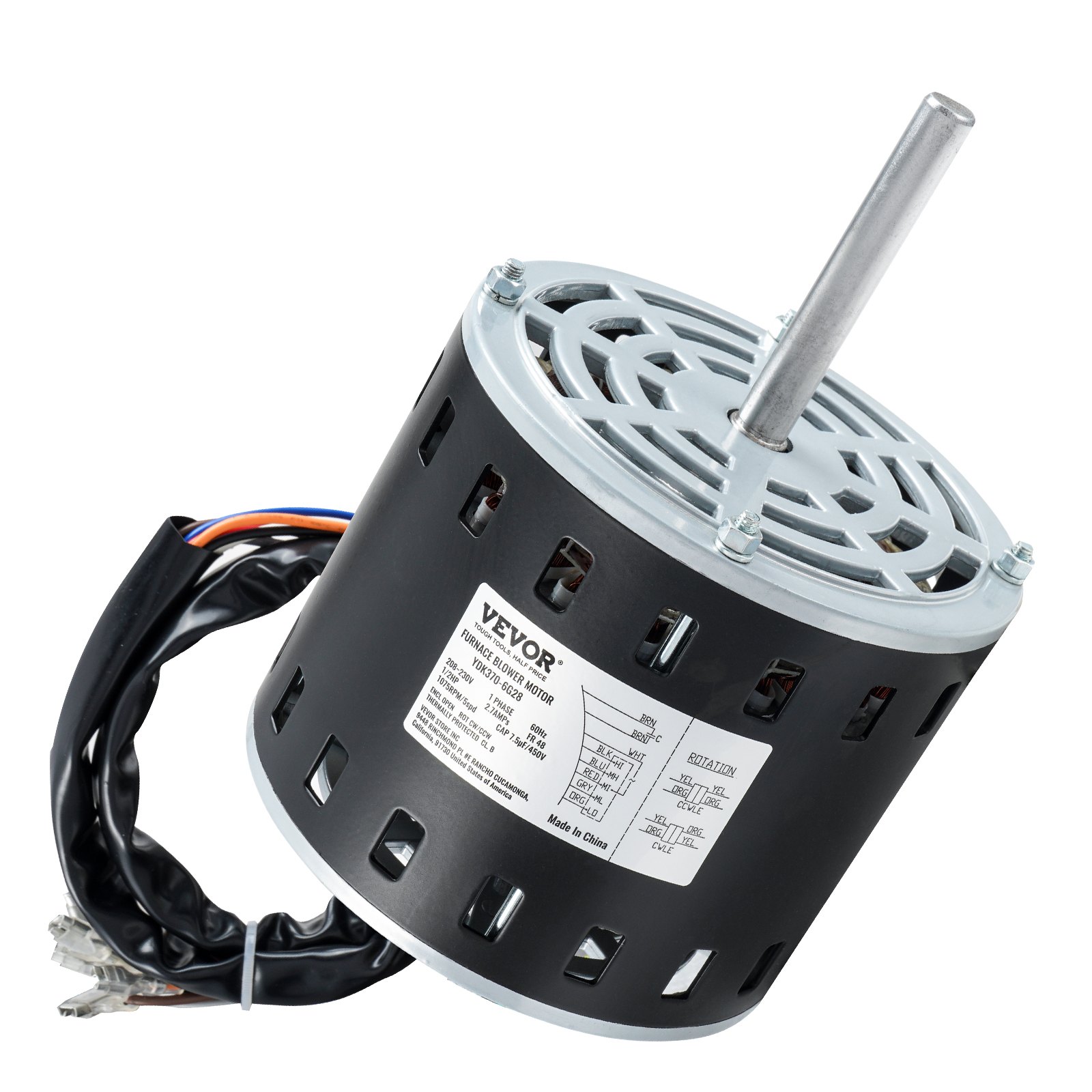 Main product image of 1/2HP Blower Motor, 208/230V, 1075 RPM, 5-Spd, CW/CCW, 48 Frame, 3.4" Shaft, 7.5μF