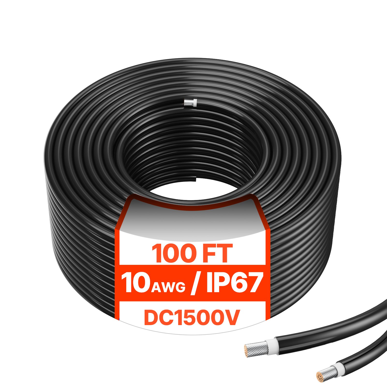 Main product image of 100FT Solar Panel Extension Cable, 10AWG PV 6mm², Waterproof, Black