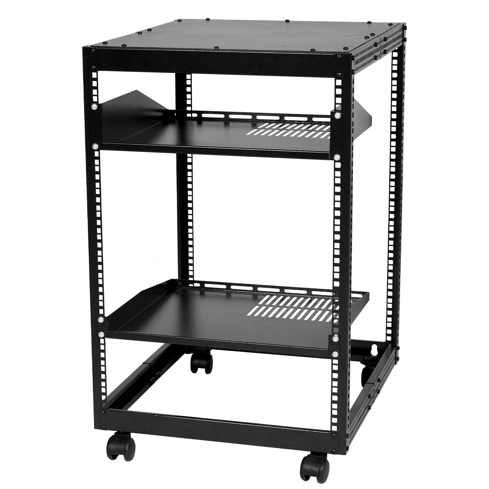 Main product image of 15U Open Frame Server Rack, 23-40'' Adjustable Depth, 4 Post, Casters, Wall Mount
