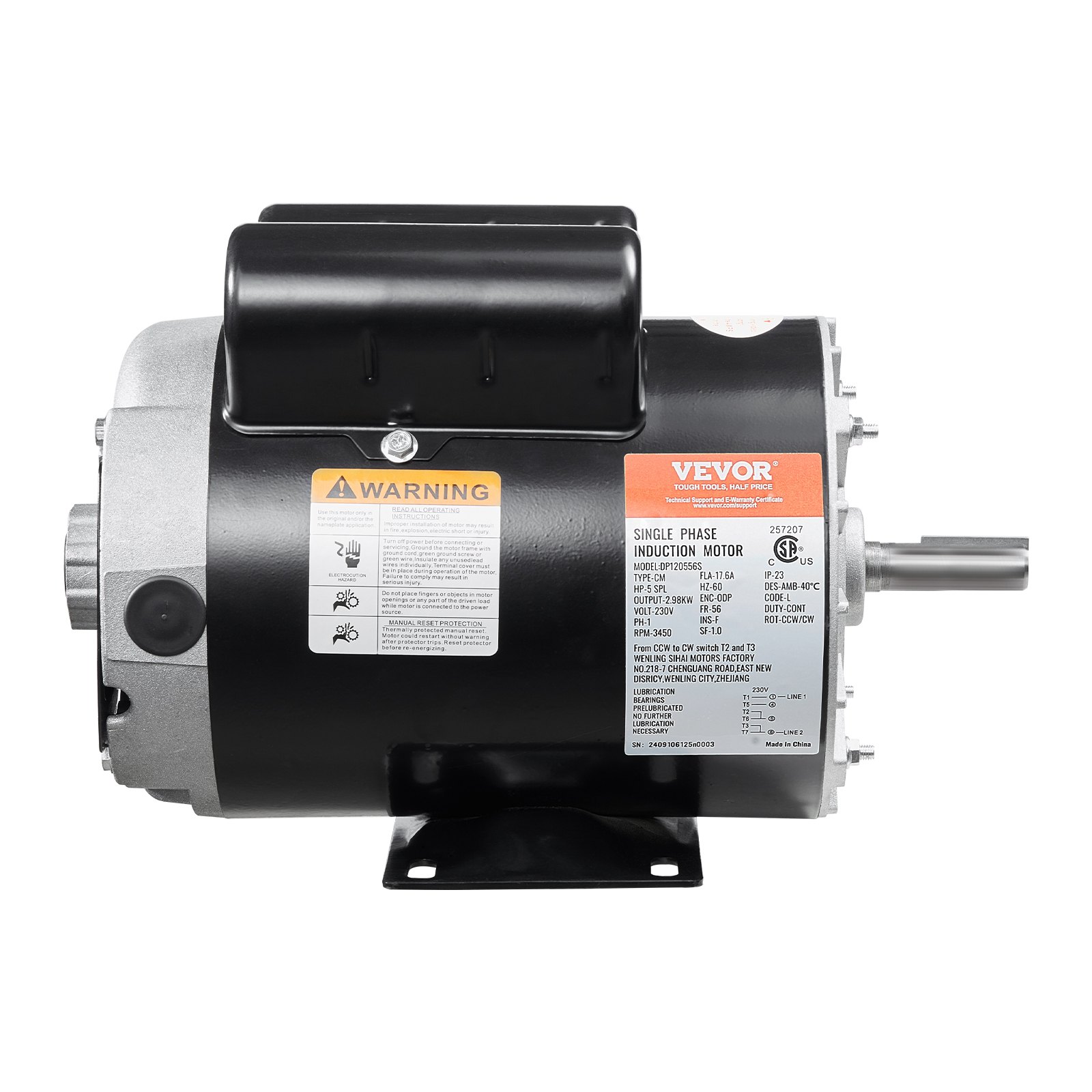 Main product image of 5HP Air Compressor Motor, 230V, 17.6A, 3450RPM, 56 Frame, CW/CCW