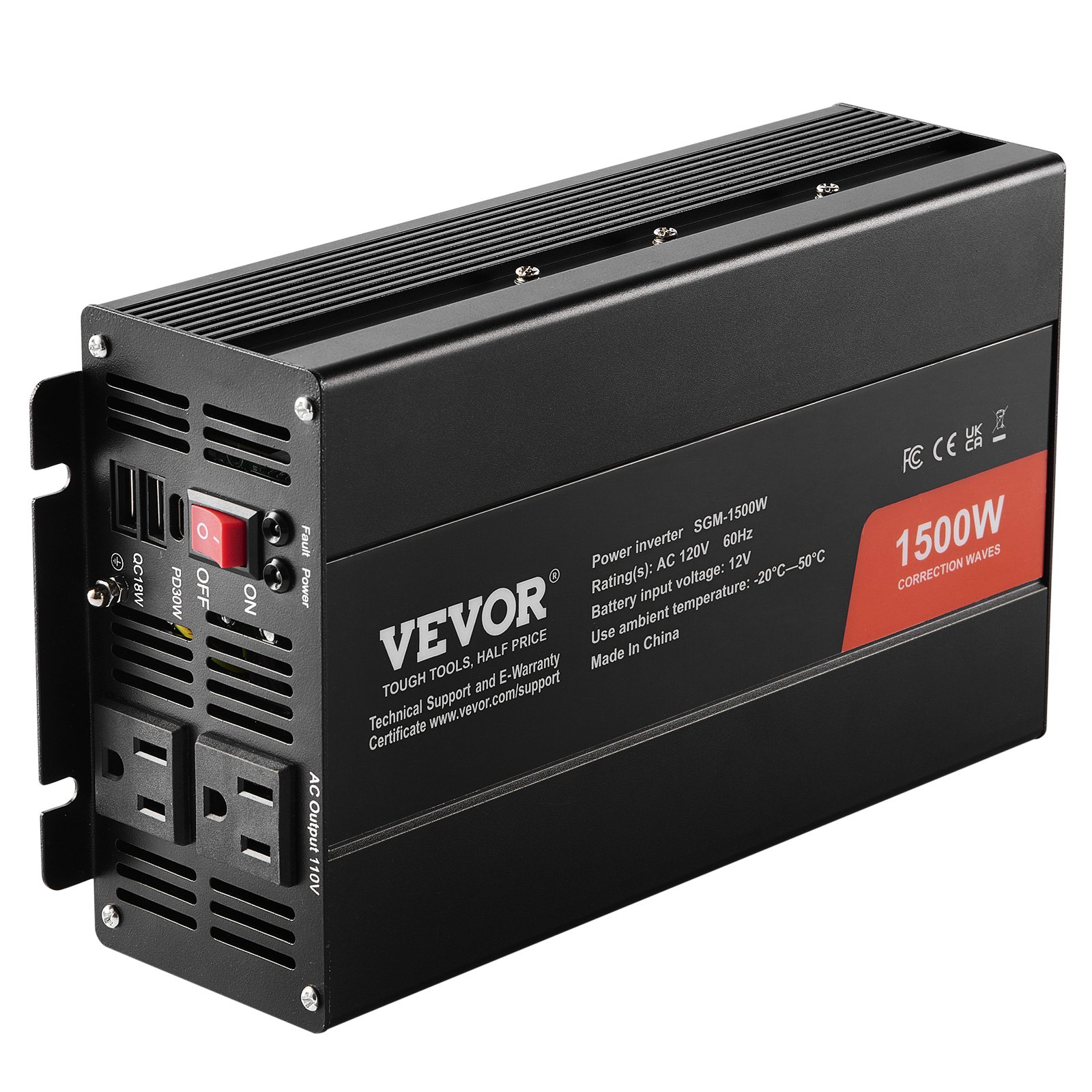 Main product image of 1500W Modified Sine Wave Inverter, DC 12V to AC 120V, 2 AC, 2 USB, 1 Type-C Port