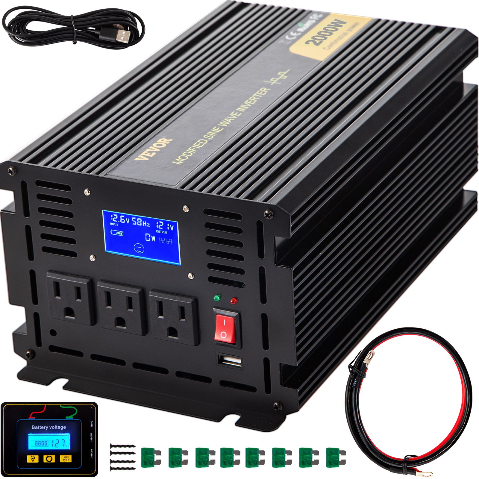 Main product image of 2000W Modified Sine Wave Inverter, 12V DC to 120V AC, with LCD Display
