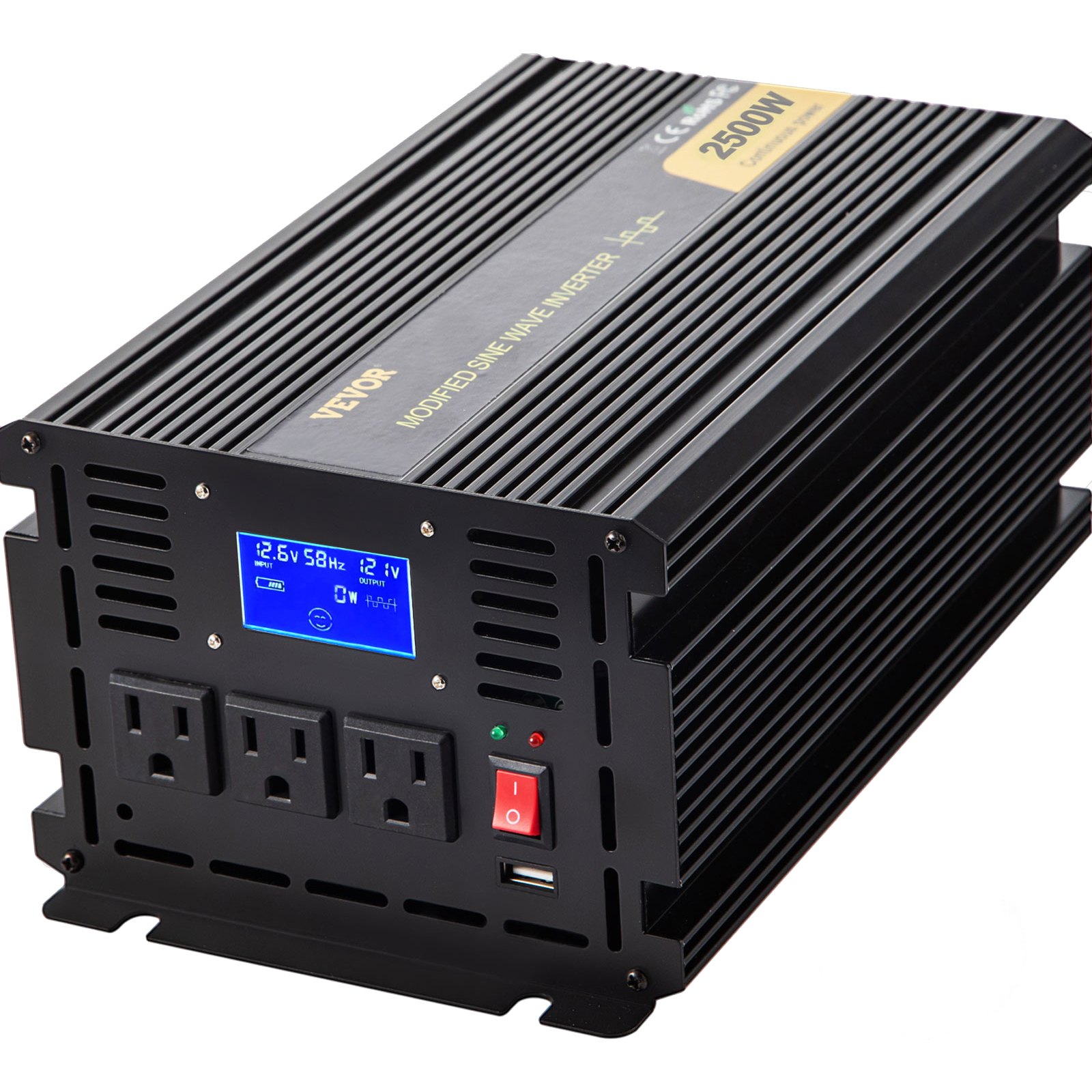 Main product image of 2500W Modified Sine Wave Power Inverter, DC 12V to AC 120V, with LCD and Remote