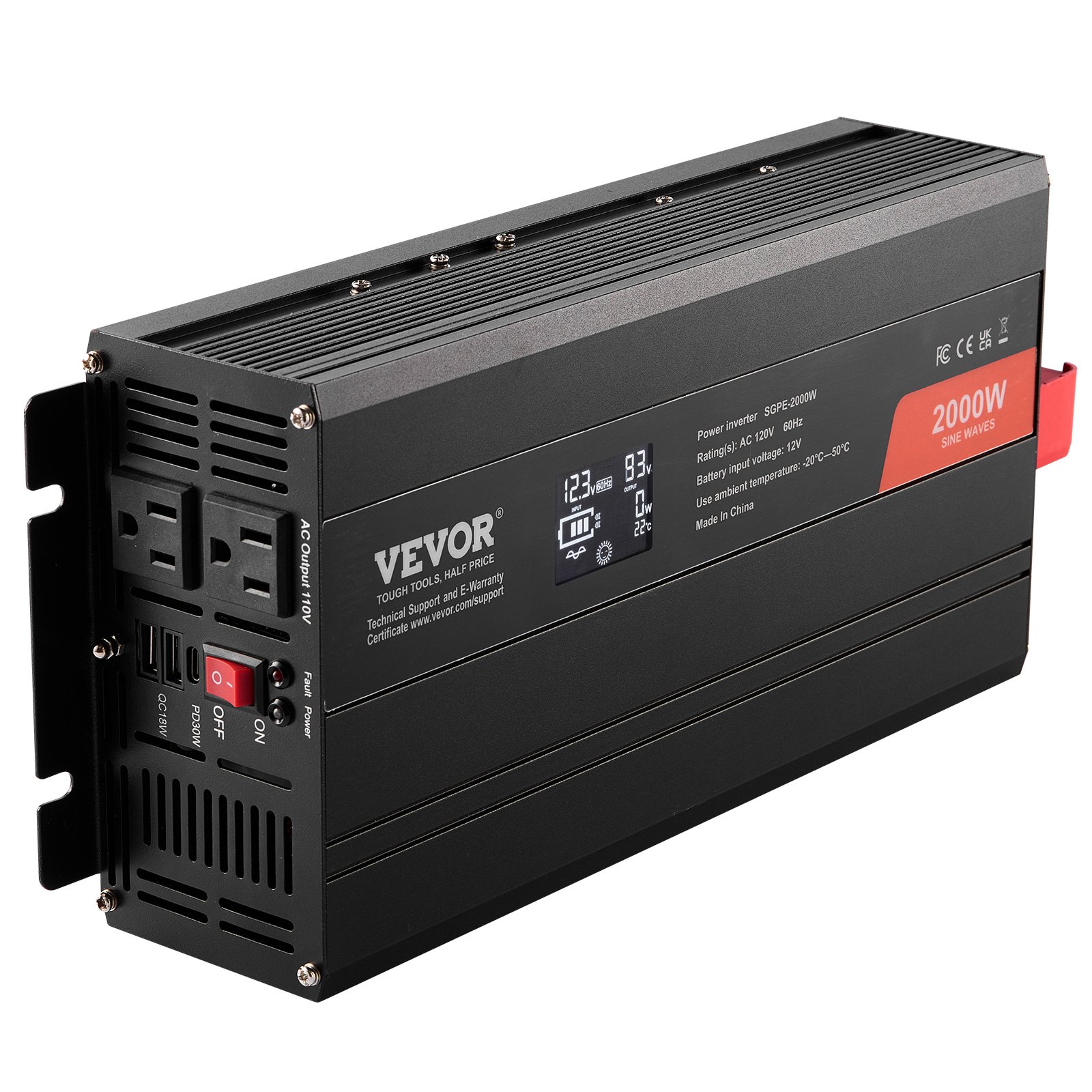 Main product image of 2000W Pure Sine Wave Inverter, DC 12V to AC 120V, 2 AC Outlets, 2 USB, 1 Type-C, LCD, Remote
