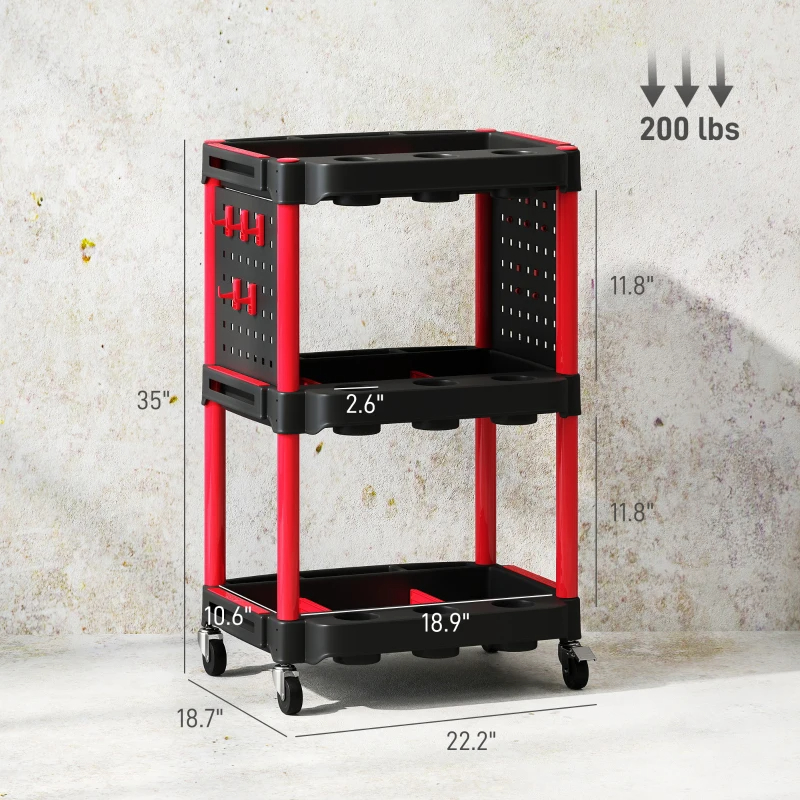 Main product image of 3-Tier Rolling Tool Cart, 200 LBS Capacity, Plastic, with Side Shelves, Black/Red