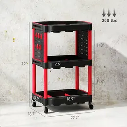 Product image of 3-Tier Rolling Tool Cart, 200 LBS Capacity, Plastic, with Side Shelves, Black/Red