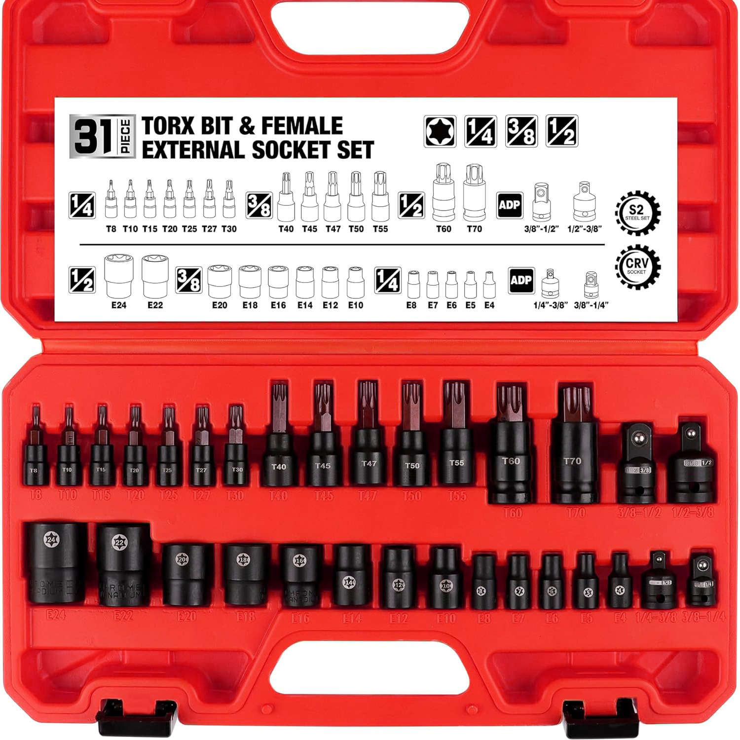 Main product image of Torx Bit Socket & E-Torx Socket Set, 14pc T8-T70, 12pc E4-E24, with 4 Impact Adapters