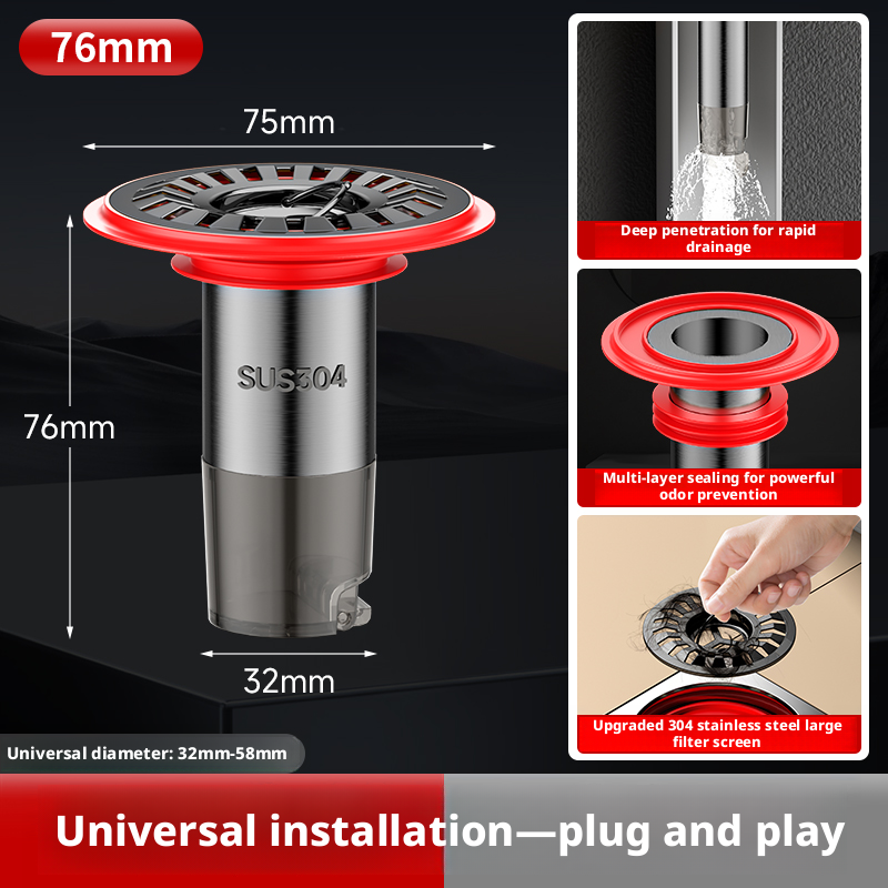 Main product image of Gray 304 Stainless Steel ABS Floor Drain with Red Silicone Seal