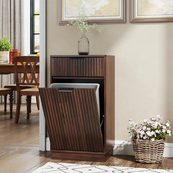 Main product image of 10-Gallon Woodgrain Tilt-Out Trash Can Cabinet with Drawer and Pull-Out Bin, Walnut
