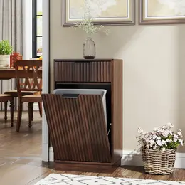 Product image of 10-Gallon Woodgrain Tilt-Out Trash Can Cabinet with Drawer and Pull-Out Bin, Walnut