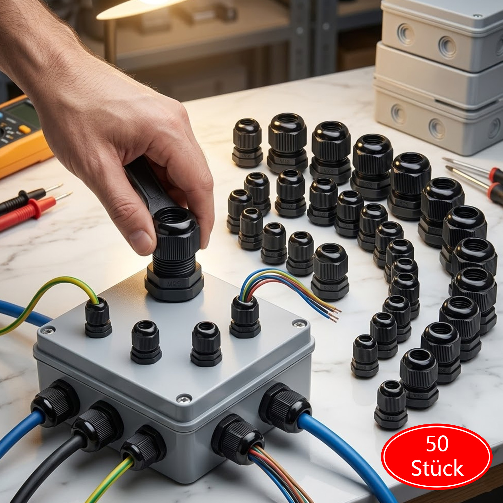 Main product image of 50-Piece Black Cable Gland Set, M12, M16, M18, M20 Sizes