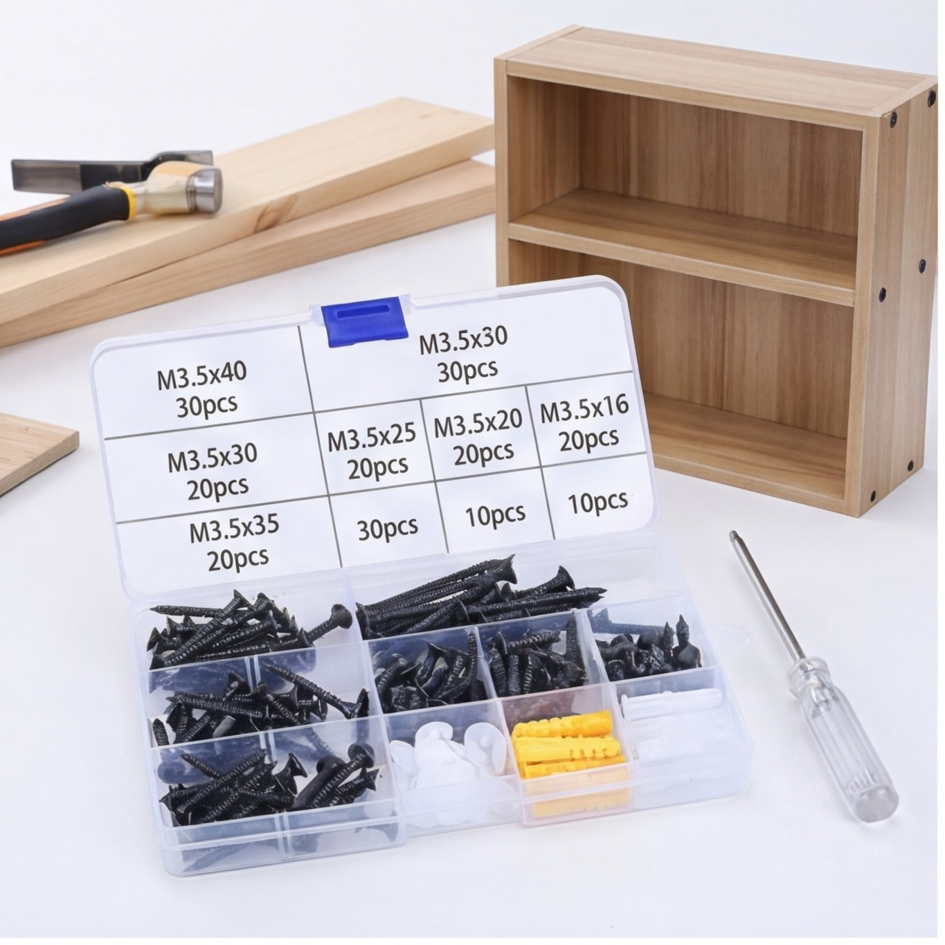 Main product image of 200-Piece Self-Tapping Wood Screw Set with Storage Box and Phillips Screwdriver
