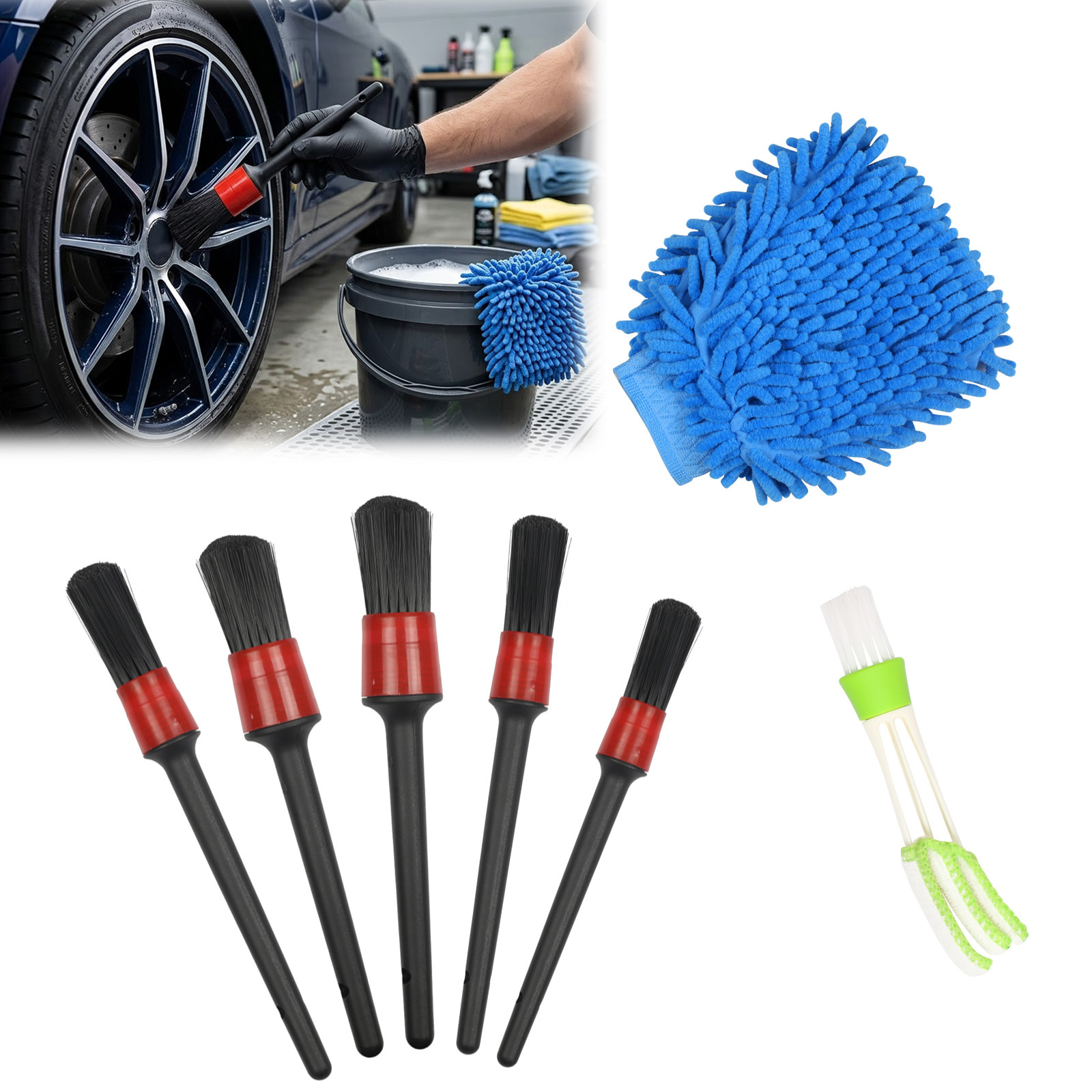 Main product image of 5-Piece Car Detailing Brush Set for Rims, Vents, and Upholstery