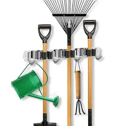 Product image of Wall Mount Mop & Broom Holder, Stainless Steel, 3 Slots, 4 Hooks