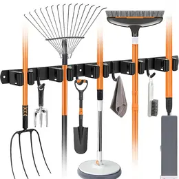 Product image of Wall Mounted Broom Mop Holder Rack, 5 Tool Slots, 4 Utility Hooks
