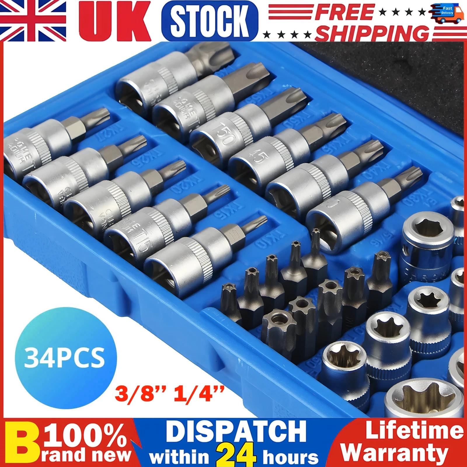Main product image of 34-Piece Torx Star Socket & Bit Set, Male & Female E/T Sockets with Case