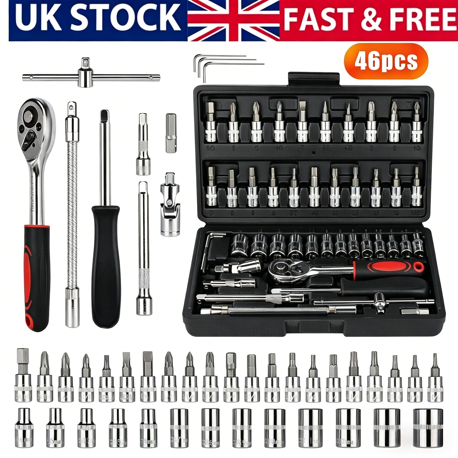 Main product image of 46-piece 1/4 inch Drive Metric Socket, Ratchet, Torx, Hex Bit Set with Case