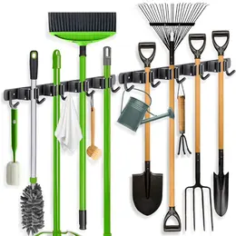 Product image of 2 Pack Wall Mount Mop Broom Holder, 4 Racks, 5 Hooks, Black