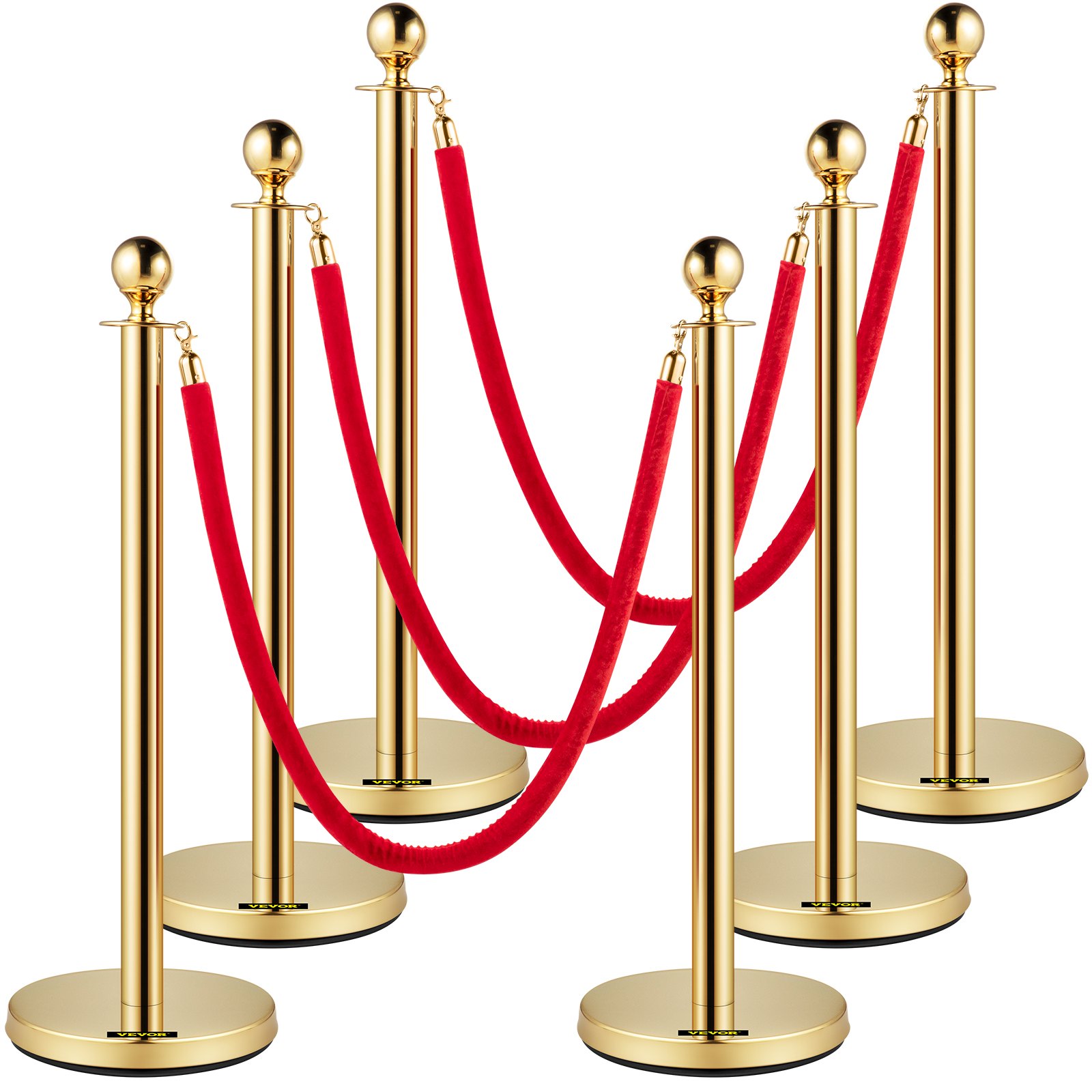 Main product image of Red Velvet Rope & Gold Stainless Steel Ball Top Stanchions, 5 Ft (1.5 M), 6-Piece Set