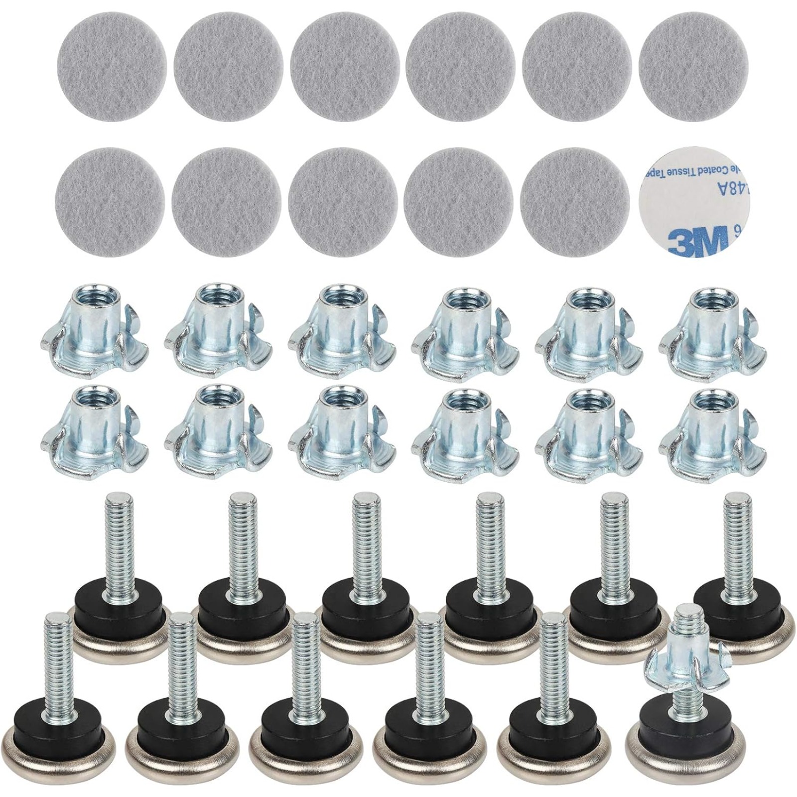 Main product image of 12-Pack M6 x 33mm Height-Adjustable Furniture Levelers with Felt Pads