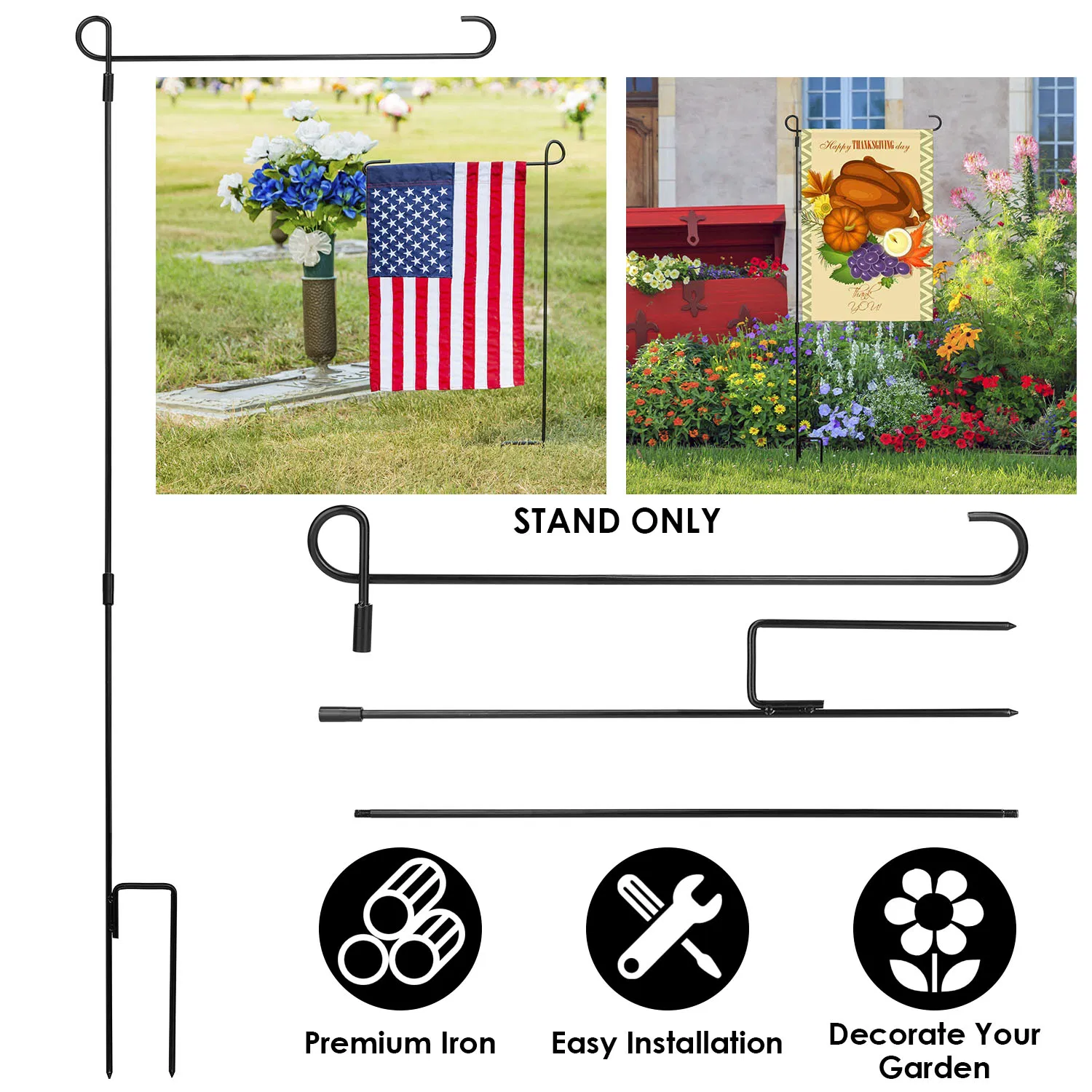 Main product image of Wrought Iron Coated Garden Flag Stand, Weatherproof, 11.8x17.7in Flag Capacity