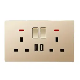 Product image of Double Wall Plug Socket 2 Gang 13A W 2 Charger USB Outlets Flat Plate UK