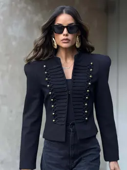 Product image of Cropped Jacket, Military Style, Stand Collar, Gold Stud, Braided