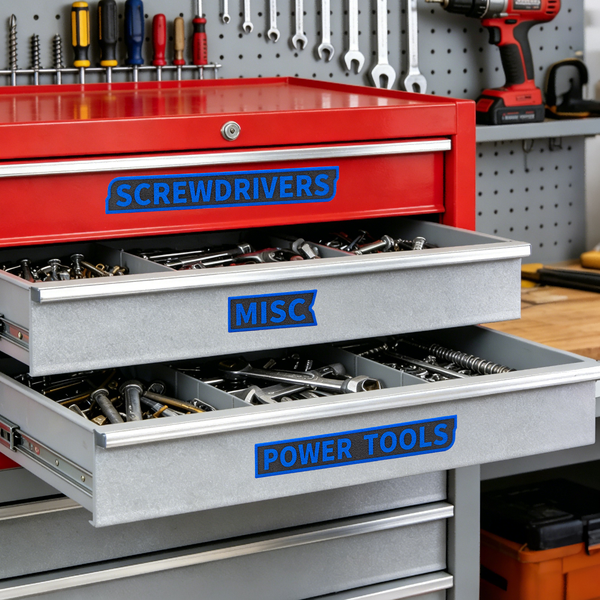 Main product image of 12-Piece 3D Printed Tool Box Drawer Labels, Raised Letters
