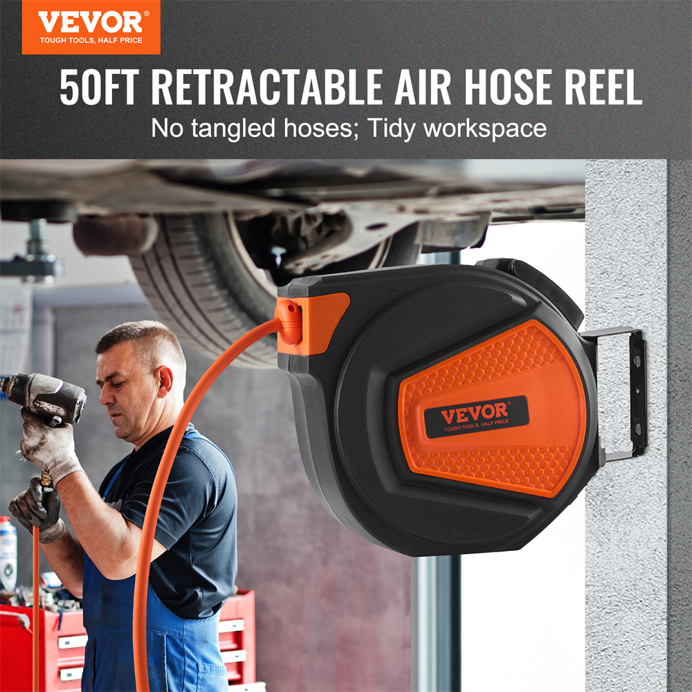 Main product image of VEVOR Retractable Air Hose Reel, 3/8 in. x 50 ft., 300 PSI, 5 ft. Lead-In, 180° Swivel Mount