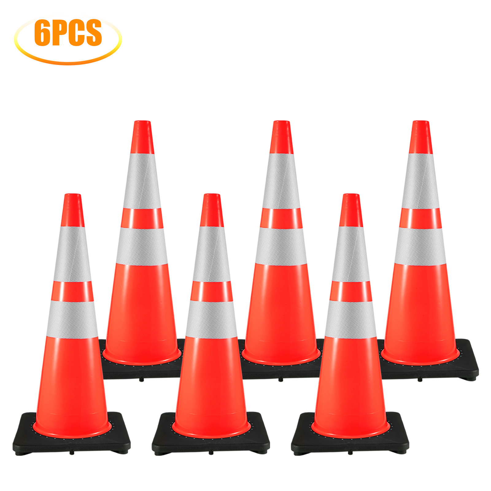 Main product image of VEVOR 6-Pack PVC Traffic Cones, Orange, Weighted Base, Reflective Collars