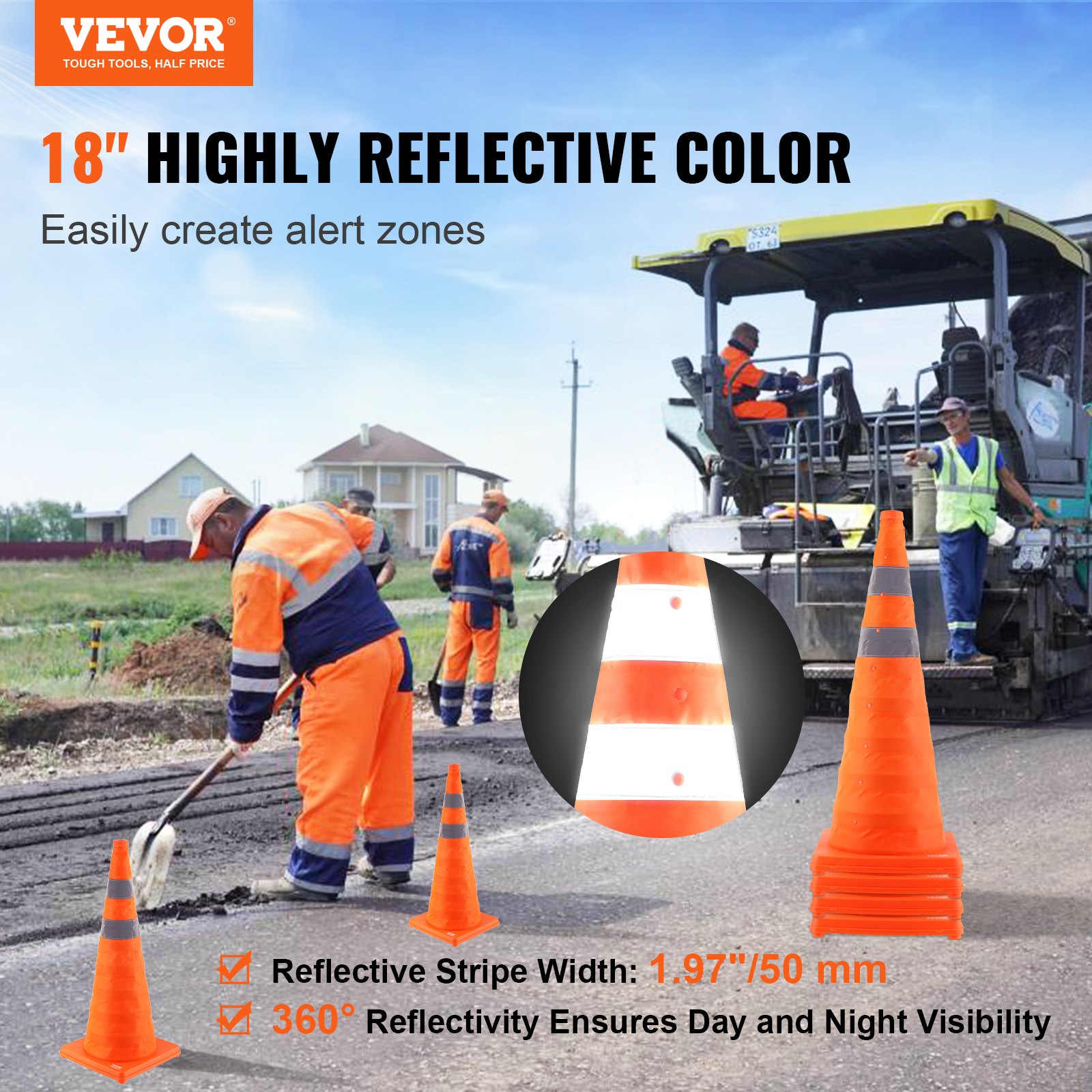 Main product image of VEVOR 28 Inch Collapsible Safety Cones, 4-Pack, Reflective Collars, Storage Bag
