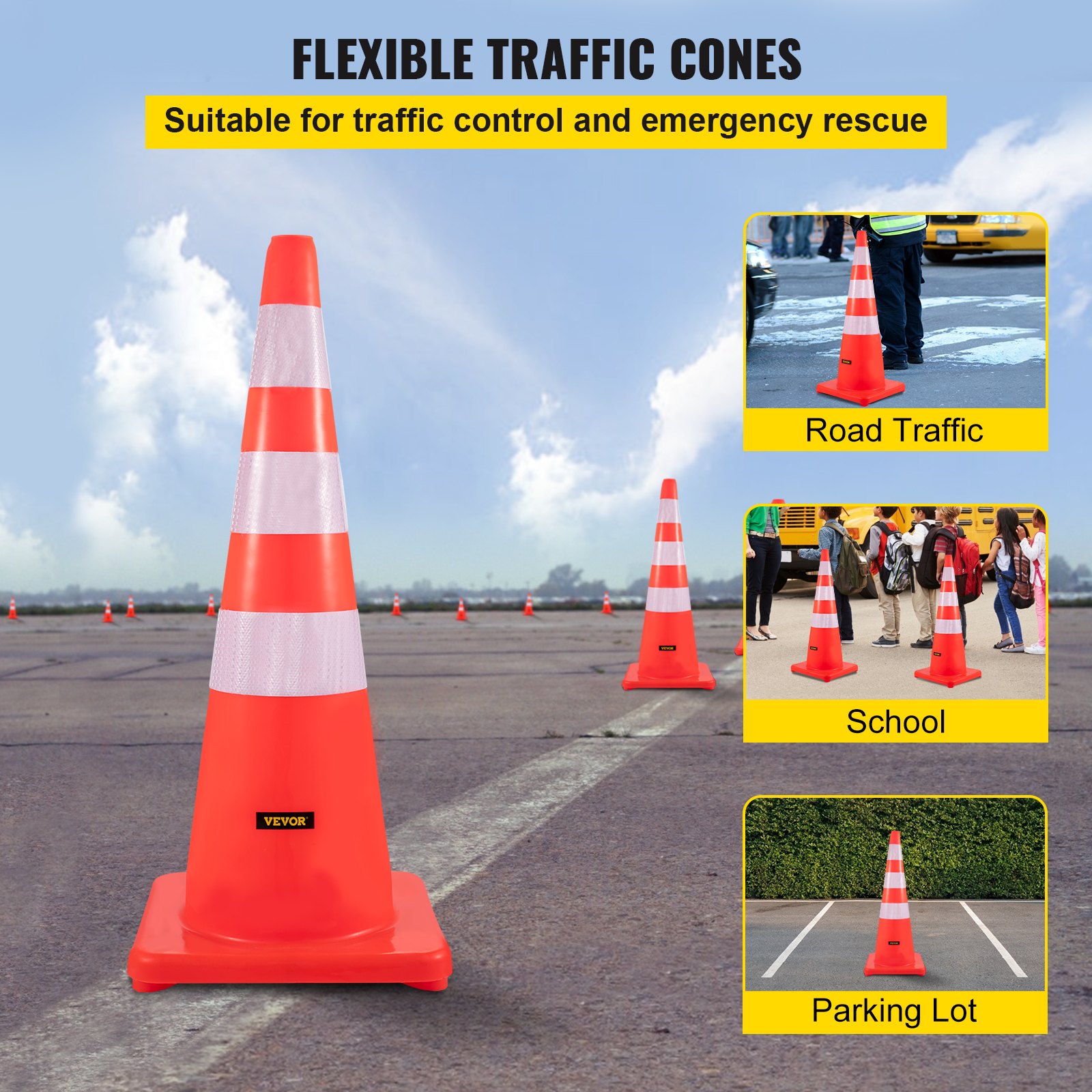 Main product image of VEVOR 36" Orange PVC Traffic Cones, 6-Pack, with Reflective Collars and Weighted Base