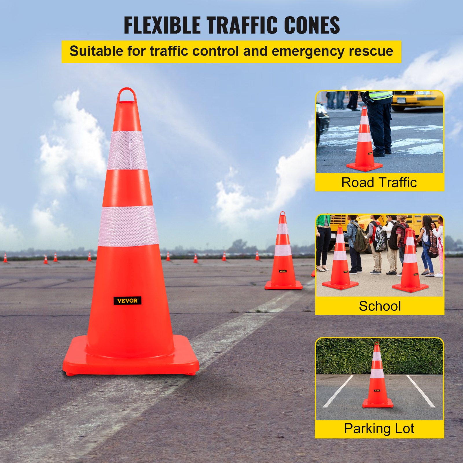 Main product image of VEVOR 10-Pack Orange PVC Traffic Cones, Reflective, Weighted Base