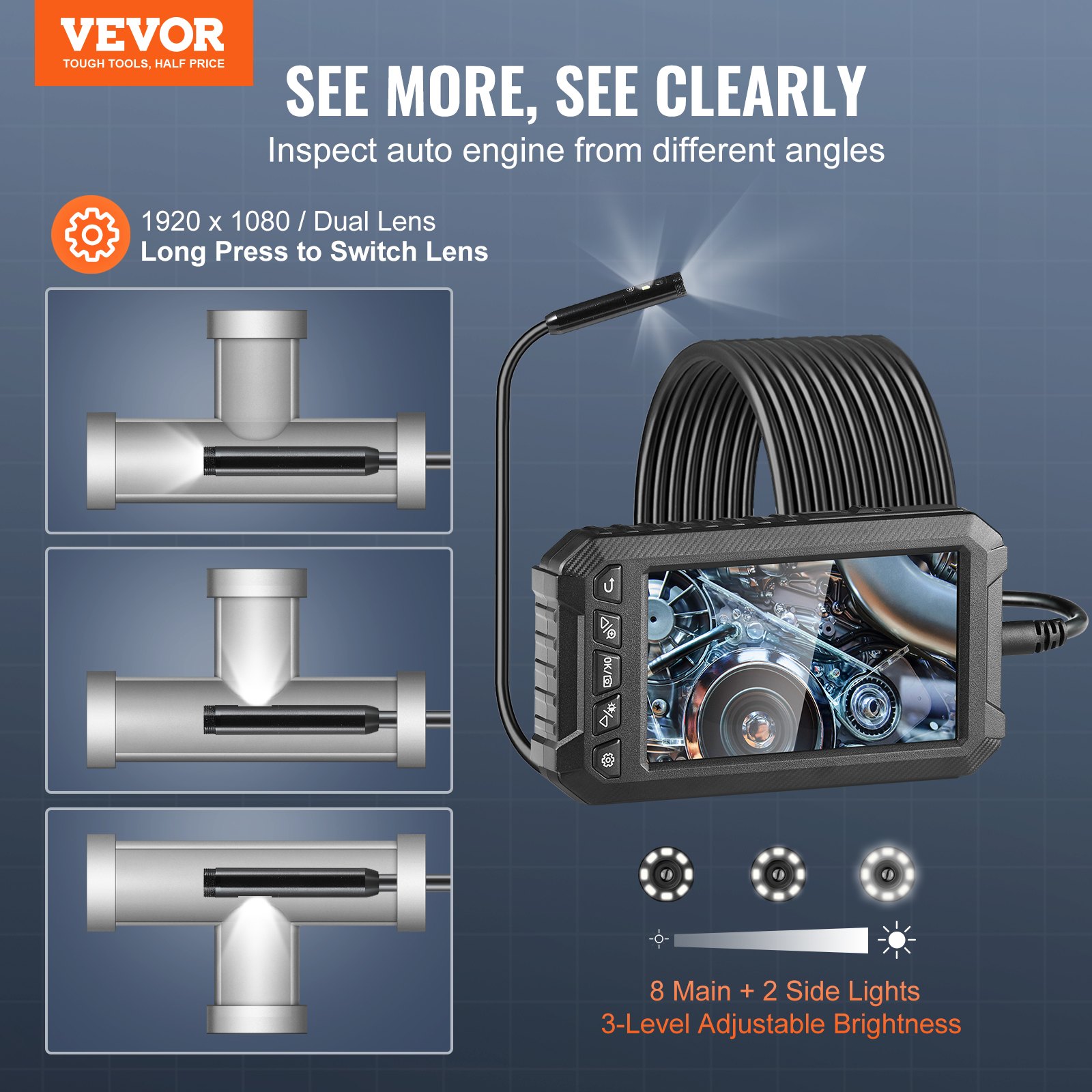 Main product image of VEVOR Triple Lens Endoscope Camera with Screen, 16.4FT Cable