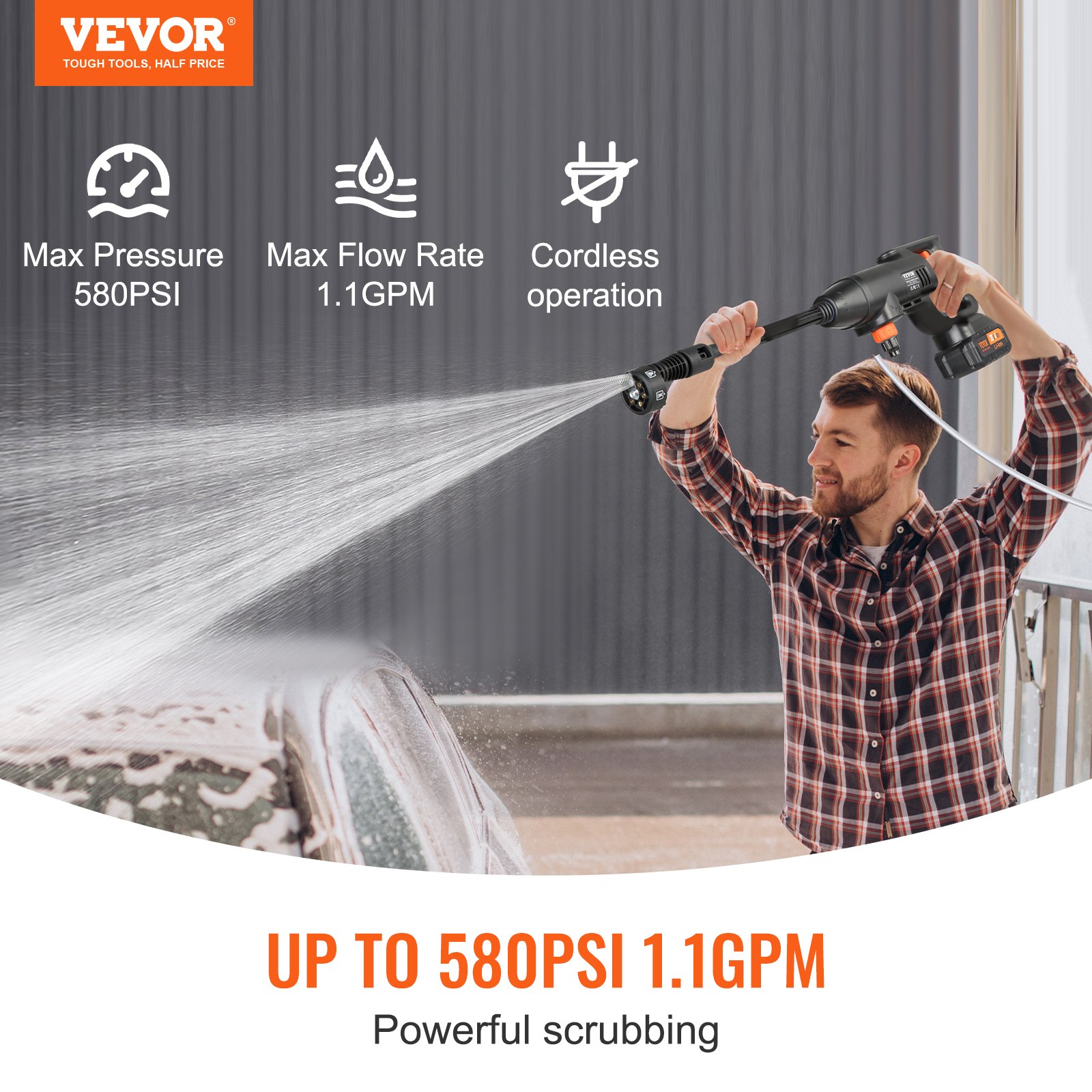 Main product image of VEVOR Cordless Pressure Washer, 580-PSI 1.1 GPM, Handheld, 4.0Ah Battery, 6-in-1 Nozzle