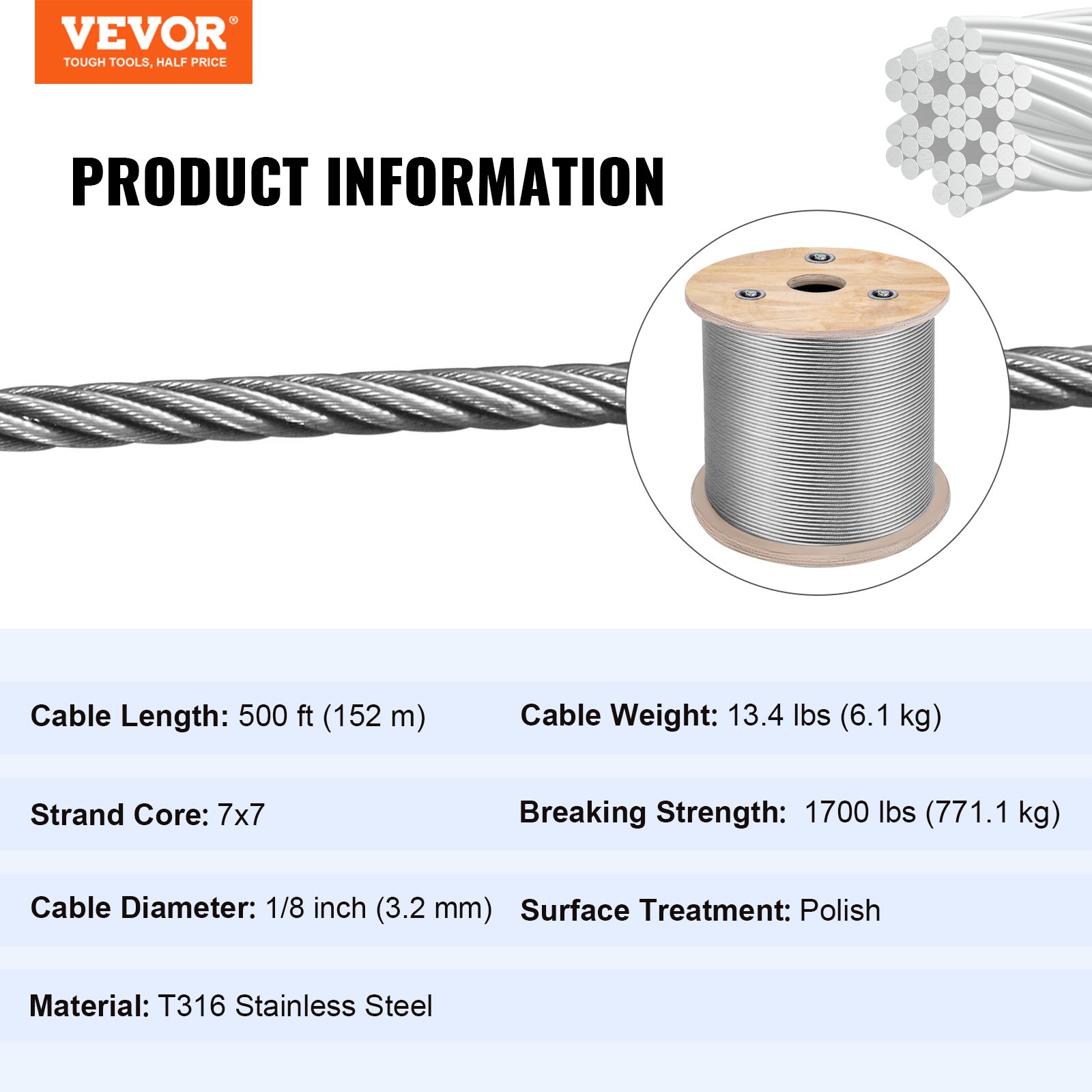 Main product image of VEVOR 316 Marine Grade Stainless Steel Wire Rope, 7x7 Strands, 500ft
