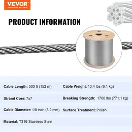 Product image of VEVOR 316 Marine Grade Stainless Steel Wire Rope, 7x7 Strands, 500ft