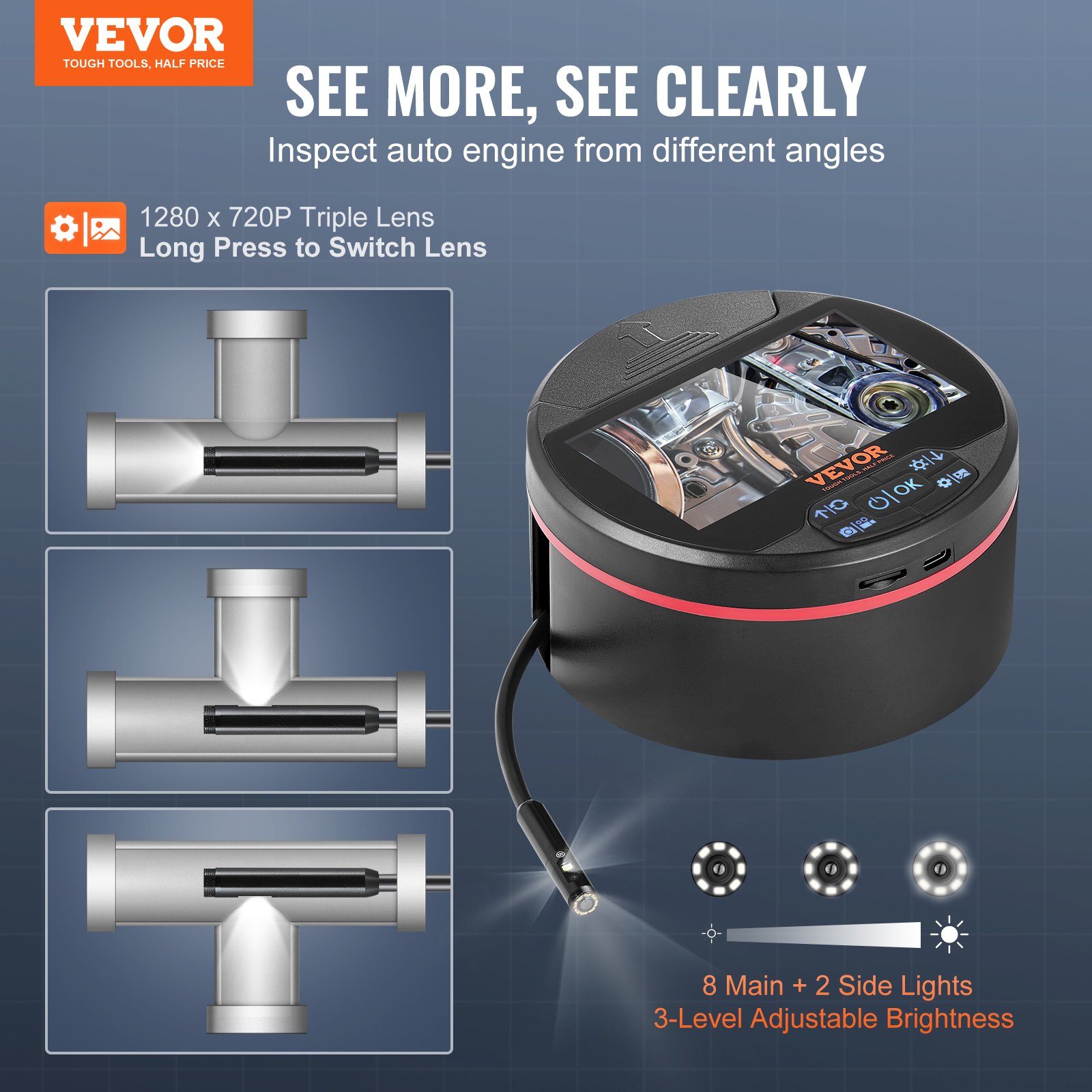 Main product image of VEVOR Triple Lens Borescope Camera with 4.3 IPS Screen