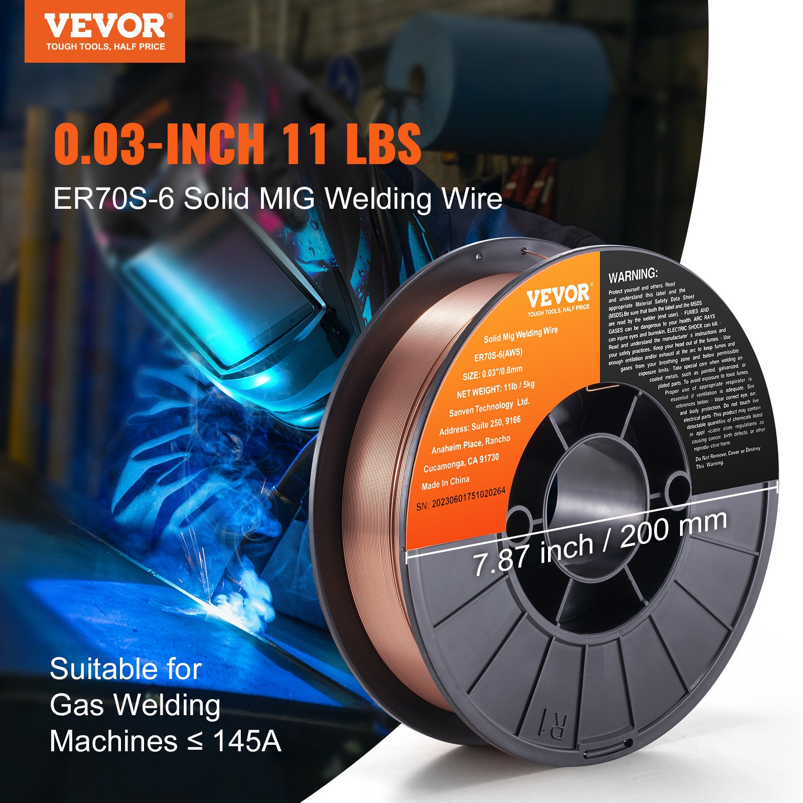 Main product image of VEVOR ER70S-6 Mild Steel MIG Welding Wire, 0.03-inch, 11 LBS