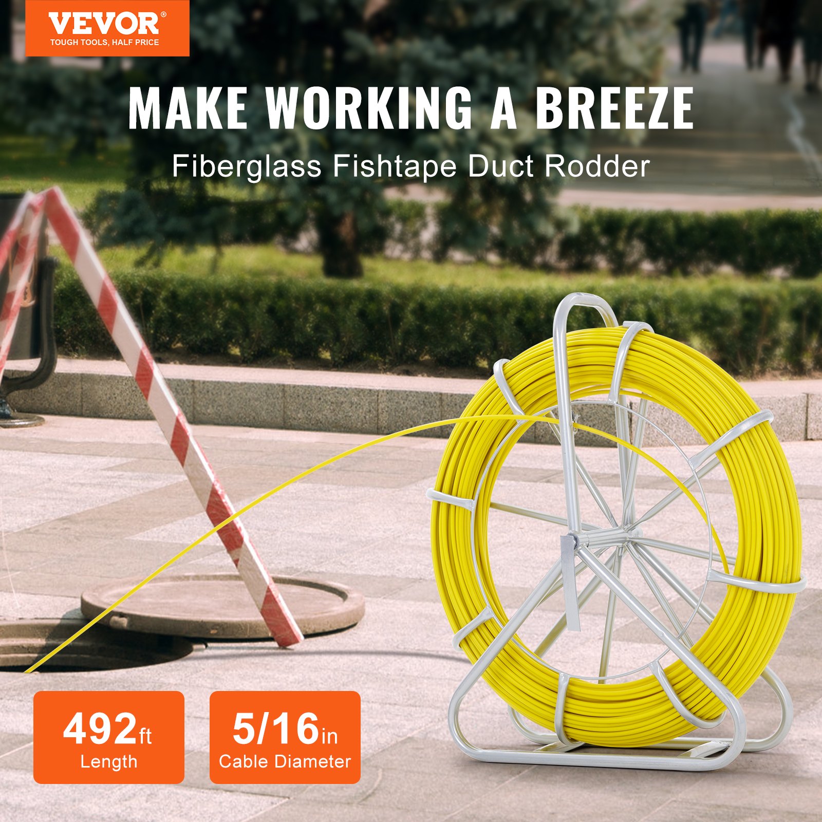 Main product image of VEVOR 492 Ft Fiberglass Fish Tape, Duct Rodder, Steel Reel, 3 Pulling Heads