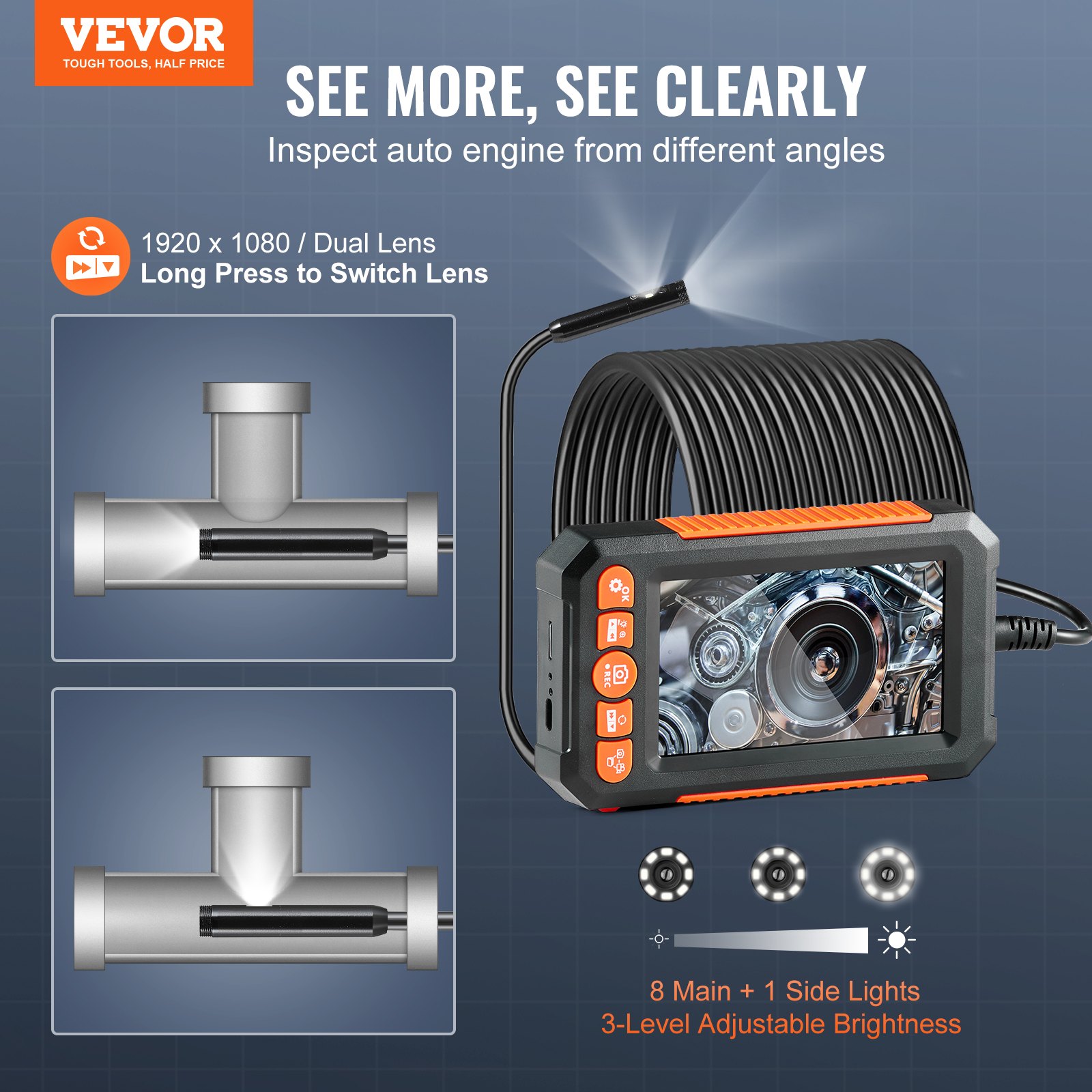 Main product image of Dual Lens Borescope Camera with Lights, 49.2FT Cable, 4.3-inch Screen