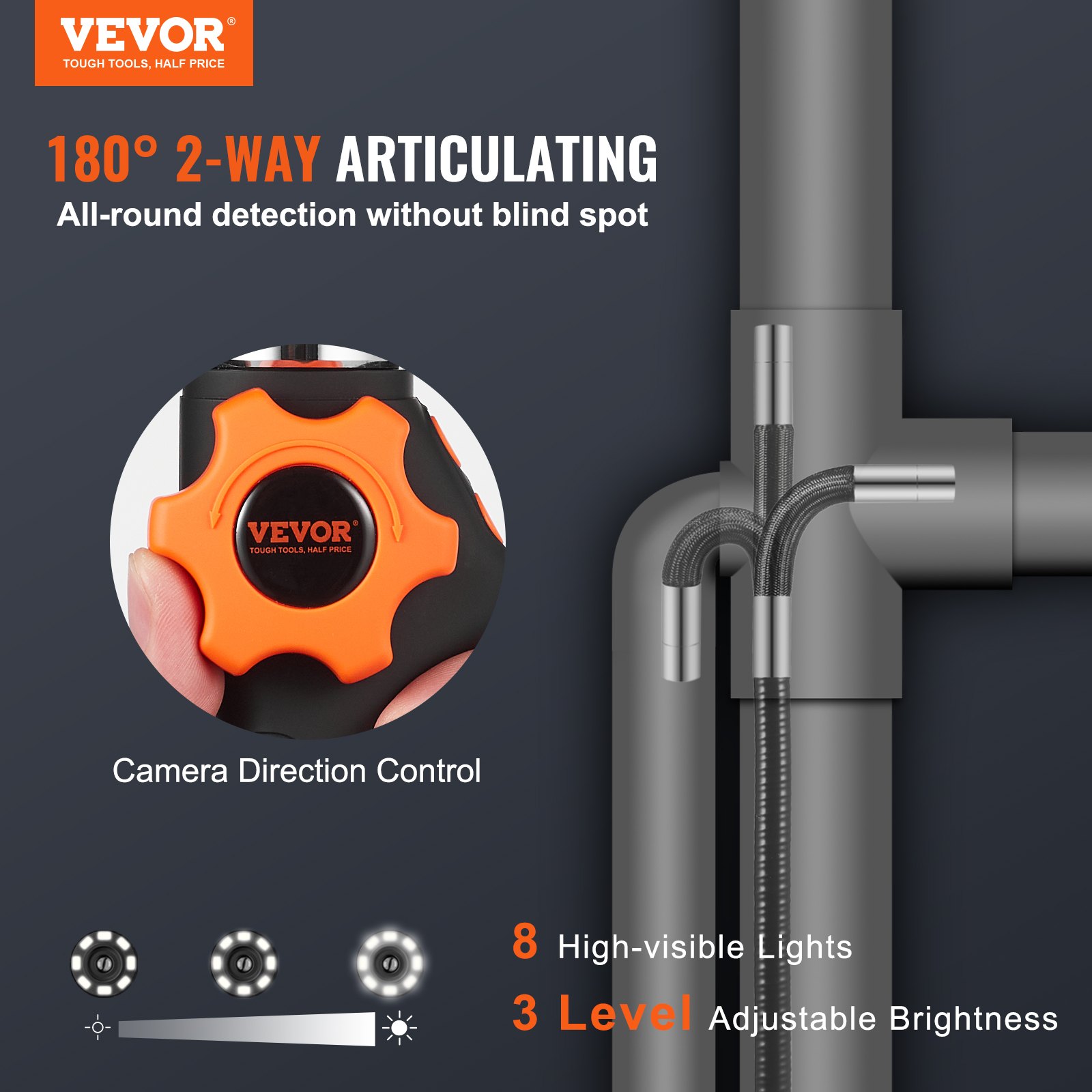 Main product image of Borescope Endoscope, Two-Way Articulating, IPS 8X Zoom, 6.4mm Lens
