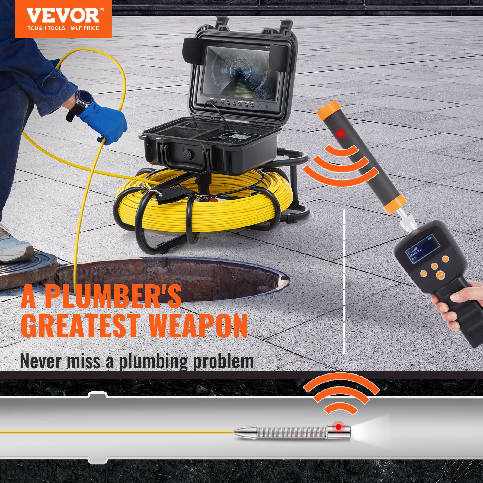 Main product image of Sewer Pipe Inspection Camera, 512Hz Sonde, 9in 720p Screen, 300 ft