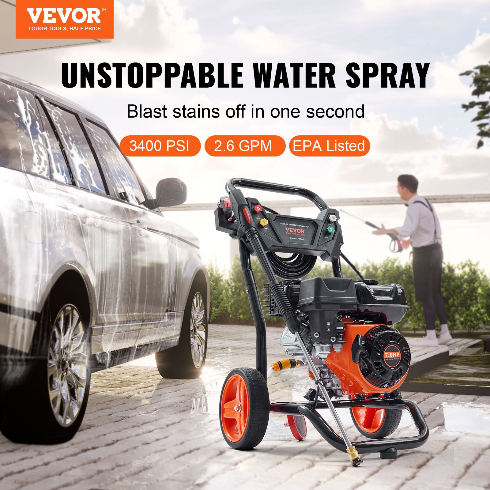 Main product image of Gas Pressure Washer, 3400 PSI, 2.6 GPM, Aluminum Pump, 5 Nozzles