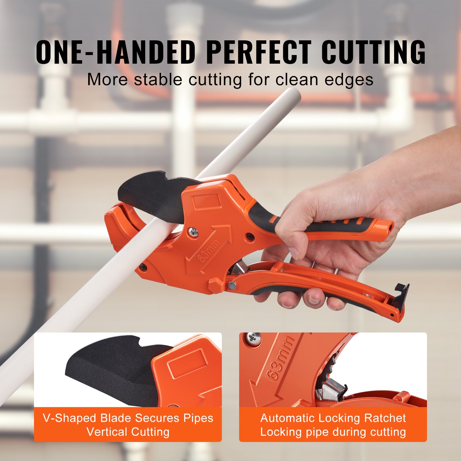 Main product image of Ratcheting Pipe Cutter for PVC, CPVC, PEX, PE, PP-R, Rubber Hoses, with SK5 Blade