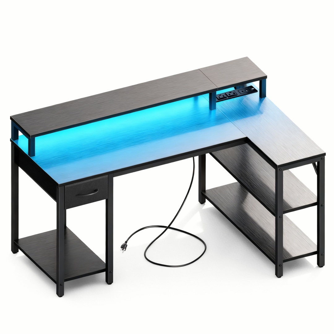 Main product image of 53-inch Reversible L-shaped Table with USB, LED, Power Socket, Monitor Stand