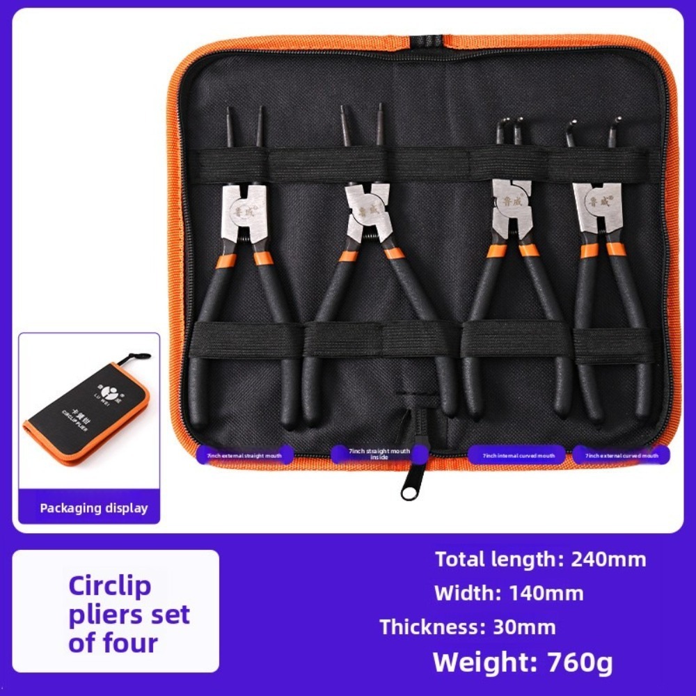 Main product image of 7-inch Circlip Pliers Set, 4-Piece, Internal & External, Straight & Curved